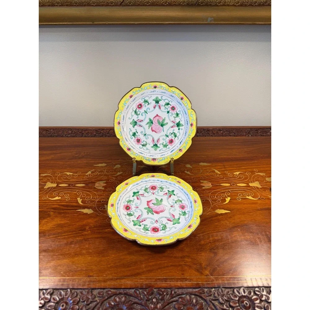 Pair Vintage Chinese Canton Enamel Copper Plates Peach Floral 6
